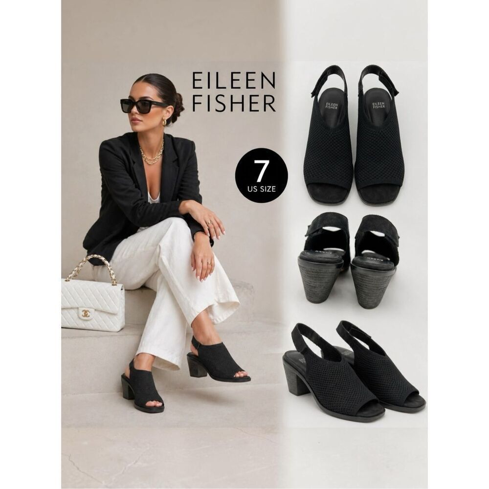 Eileen Fisher Women's Avil Knit Open Toe Slingback Heels Sandals Black Size 7